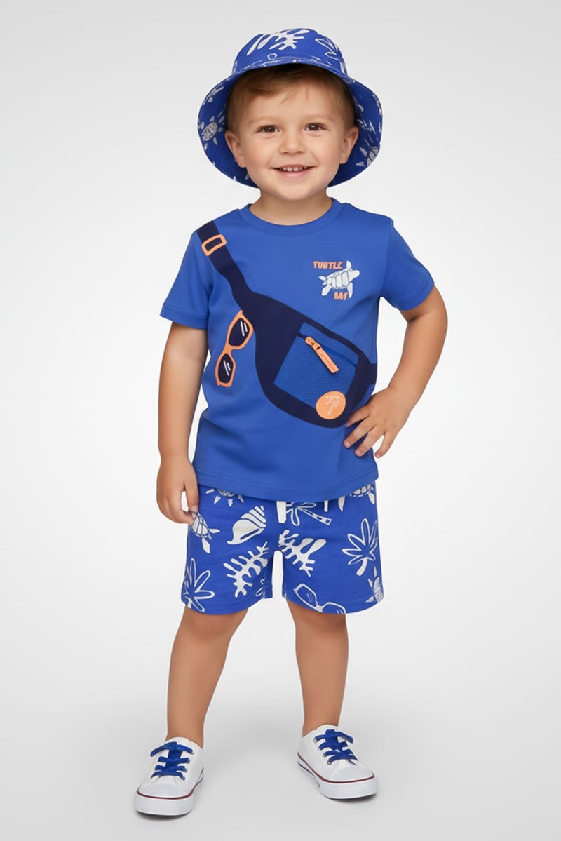 Lily & Jack طقم أولاد toddlers مكون من 3 قطع مع طباعة جرافيك وقميص وشورت مع قبعة دلو، أزرق - Image 1
