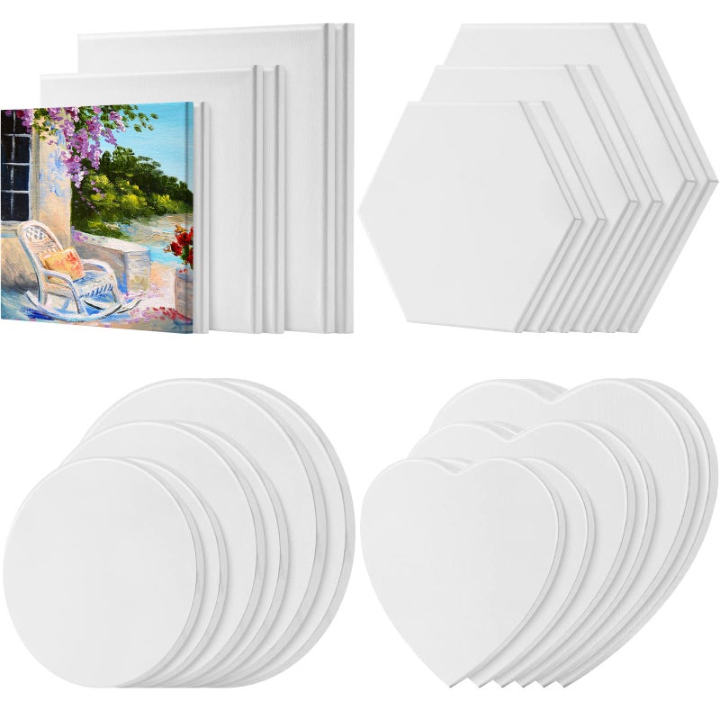 Thenshop 24 Pieces Stretched Canvas for Painting Bulk Blank Canvas Board Square Round Hexagon Heart Shaped Frame for Kids Art Supplies for Acrylic Pouring Oil PaintingAssorted Shapes