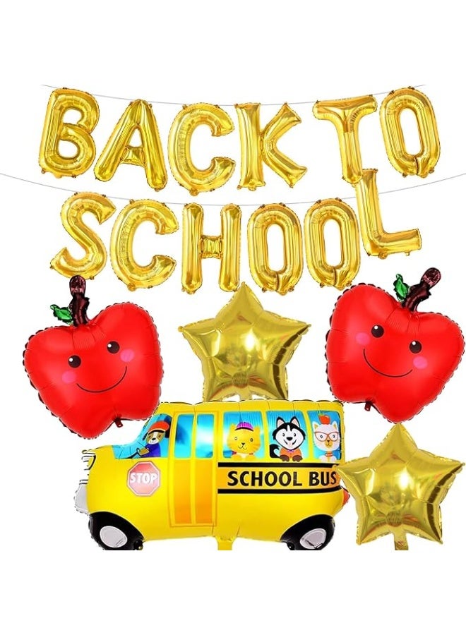 Kidzilla School Themed Foil Balloons Party Decoration Set with Apple Star and School Bus Shapes - 6-Piece Set: 2 Apple, 2 Star, 1 School Bus and 1 Back to School Balloon - Image 1