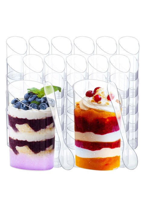 Plastic Dessert Cups with Spoons, 100 Pcs Mini Mousse Cups Disposable Hard Plastic Transparent Ice Cream Dessert Cups Square Tilted Parfait Cups Suitable for Parties, Holiday Parties, Birthdays, Etc.