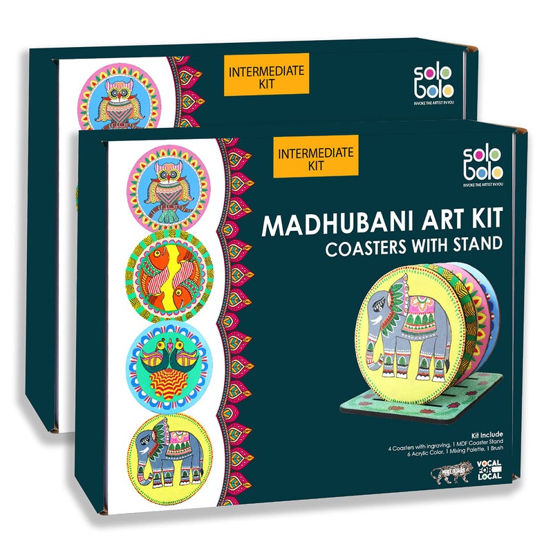 SOLOBOLO Madhubani Painting Kit Tea Coasters with Stand, Art and Craft kit for Girls 9-12, Coaster DIY Craft Kit, Painting kit for Kids 6-12, Gift for Children's (Pack of 2, Multicolor) - Image 1