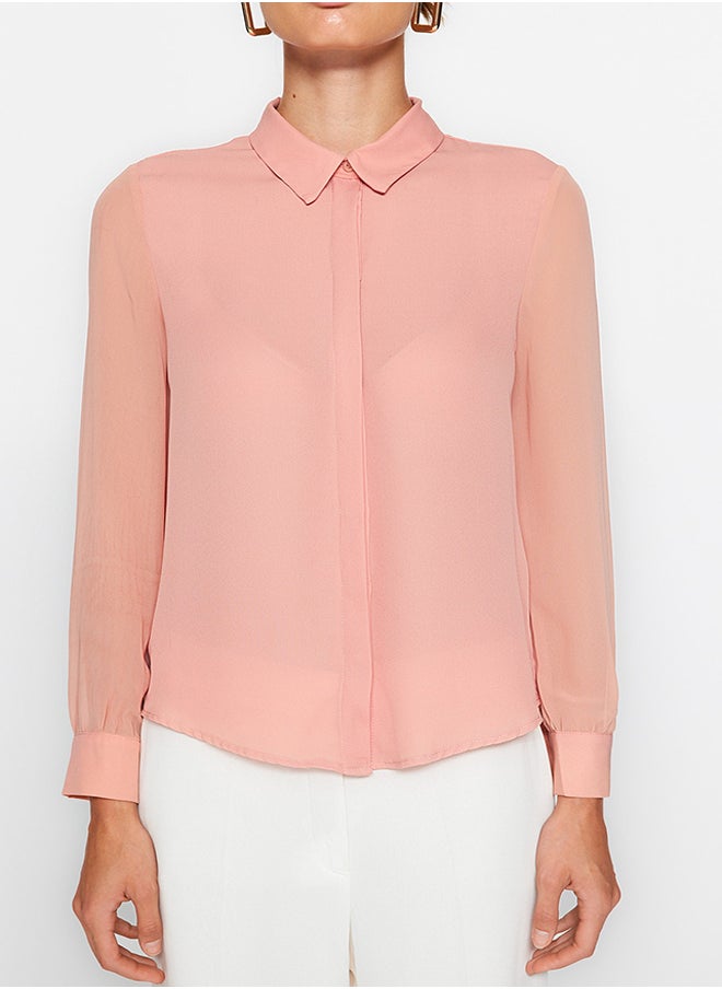 trendyol - Pink Sleeves Transparent Regular Fit Woven Shirt TWOAW20GO0116 - Image 1