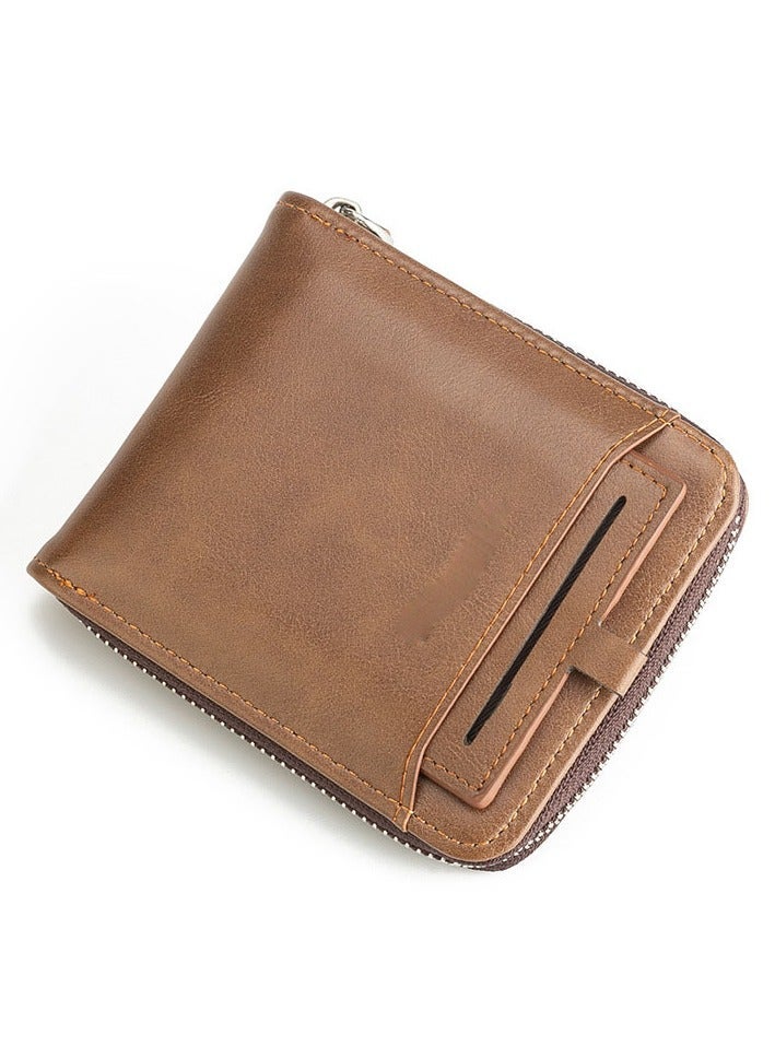 CarrKen Men's Short Retro Horizontal Style Comfortable Mini Wallet Driver's Document Bag Combining Pickup Card Bag Zipper Coin Purse Light Coffee Color - Image 1