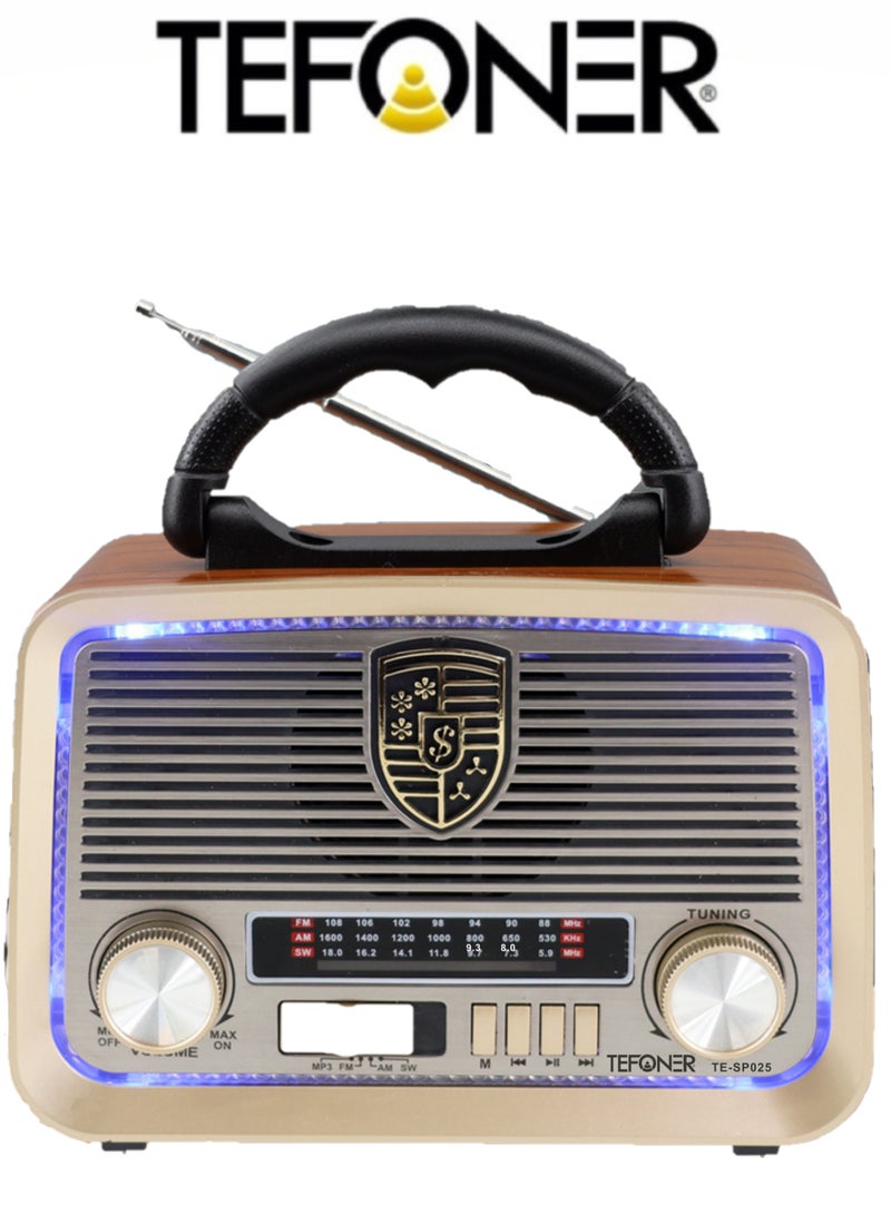 TEFONER Classic TE-SP025 Radio. Portable FM/AM Mini Electric Radio. Electric Radio with USB and Memory Card Slots. Powerful 5W Bluetooth Speaker. Classic Design. All Day Battery Life. Wireless Speaker with a Range to 10 Meters. Wireless Radio with Multiple Control Buttons. Wireless Speaker. - Image 1
