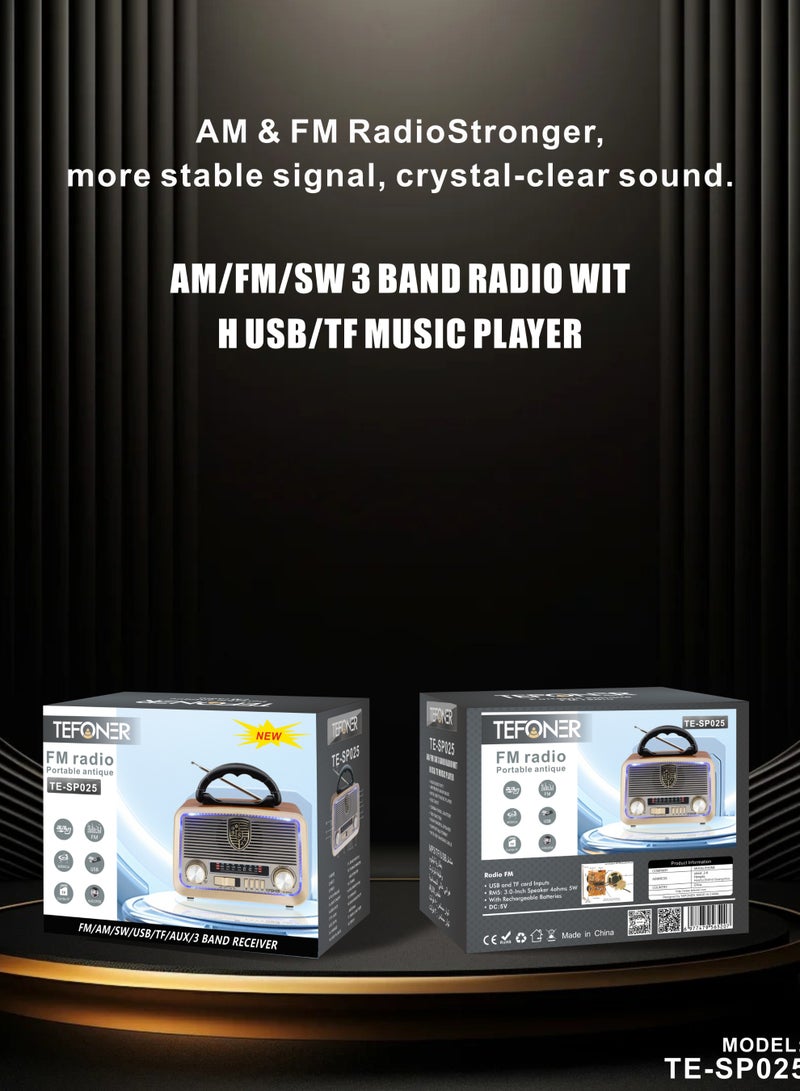 TEFONER Classic TE-SP025 Radio. Portable FM/AM Mini Electric Radio. Electric Radio with USB and Memory Card Slots. Powerful 5W Bluetooth Speaker. Classic Design. All Day Battery Life. Wireless Speaker with a Range to 10 Meters. Wireless Radio with Multiple Control Buttons. Wireless Speaker. - Image 4