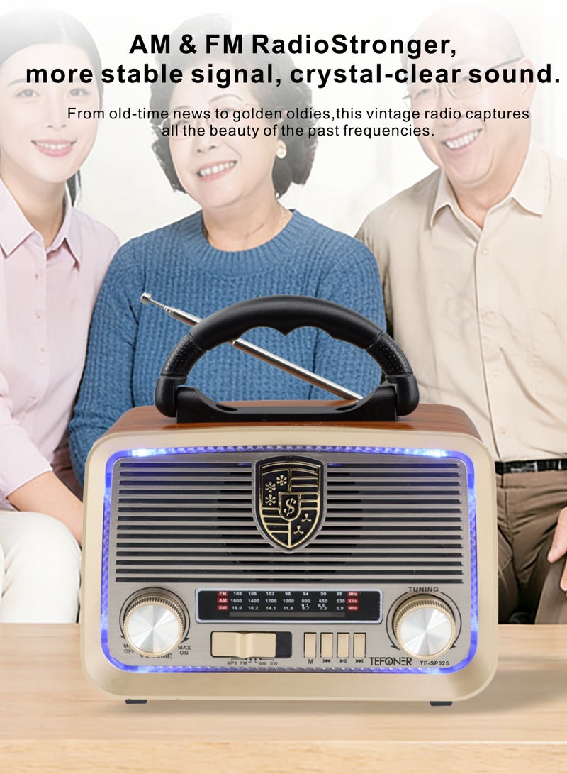 TEFONER Classic TE-SP025 Radio. Portable FM/AM Mini Electric Radio. Electric Radio with USB and Memory Card Slots. Powerful 5W Bluetooth Speaker. Classic Design. All Day Battery Life. Wireless Speaker with a Range to 10 Meters. Wireless Radio with Multiple Control Buttons. Wireless Speaker. - Image 2