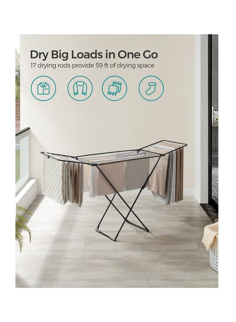 Hihonor Clothes Drying Rack, Metal Laundry Drying Rack, Foldable, Space-Saving, Free-Standing Airer, with Gullwings, Indoor Outdoor Use, Bed Linen Clothing, Black - Image 2