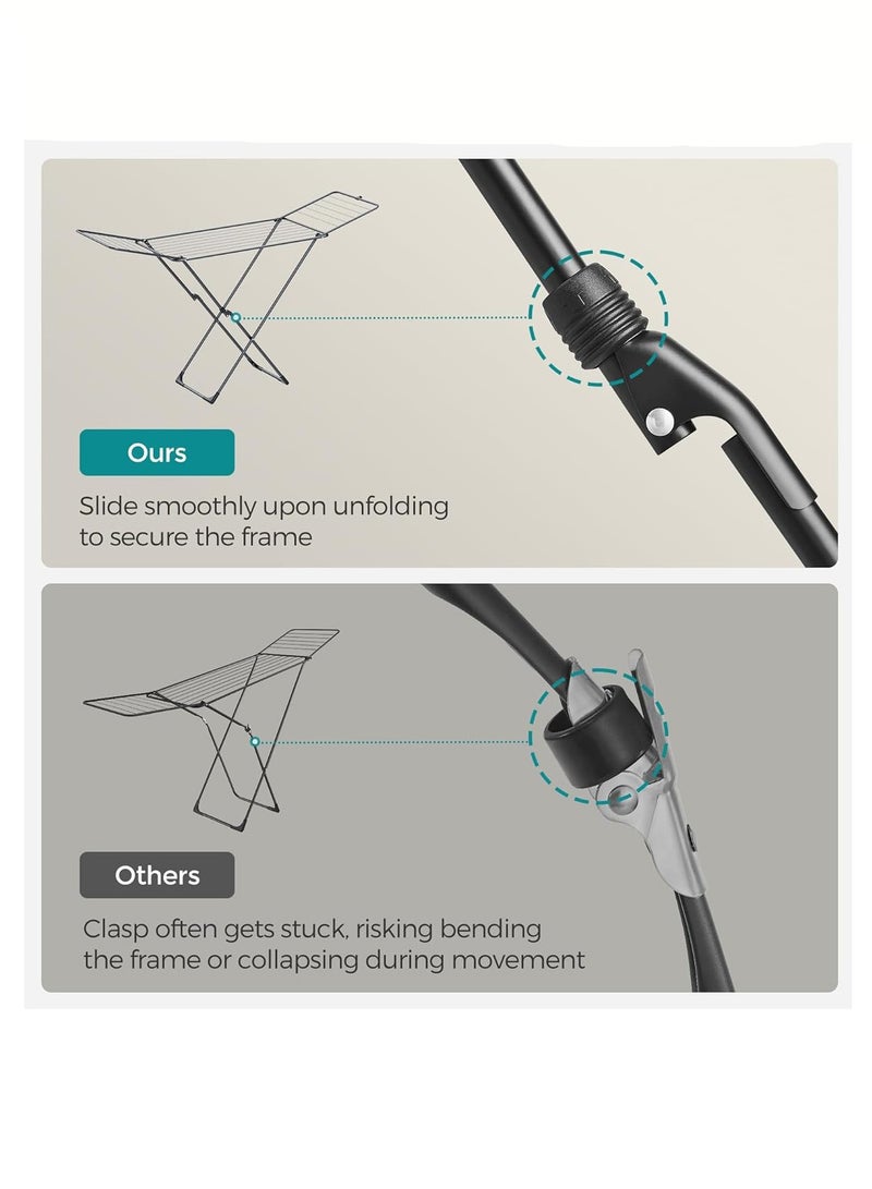 Hihonor Clothes Drying Rack, Metal Laundry Drying Rack, Foldable, Space-Saving, Free-Standing Airer, with Gullwings, Indoor Outdoor Use, Bed Linen Clothing, Black - Image 4