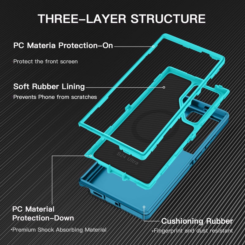 I-HONVA for Samsung Galaxy S24 Ultra Case [Compatible with MagSafe] Shockproof 3-Layer Full Body Protection [Without Screen Protector] Rugged Heavy Duty Cover Case for Galaxy S24 Ultra,Turquoise - Image 2