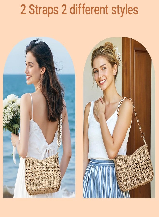 Herald Small Handmade Straw Pocketbook Crossbody Bag for Women, Summer Chic Woven Handbag Shoulder Purse with Chain, Hollow Out Coffee - Image 4