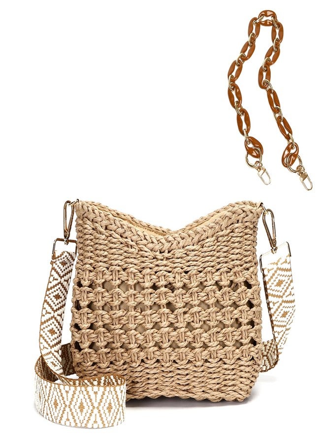 Herald Small Handmade Straw Pocketbook Crossbody Bag for Women, Summer Chic Woven Handbag Shoulder Purse with Chain, Hollow Out Coffee - Image 1