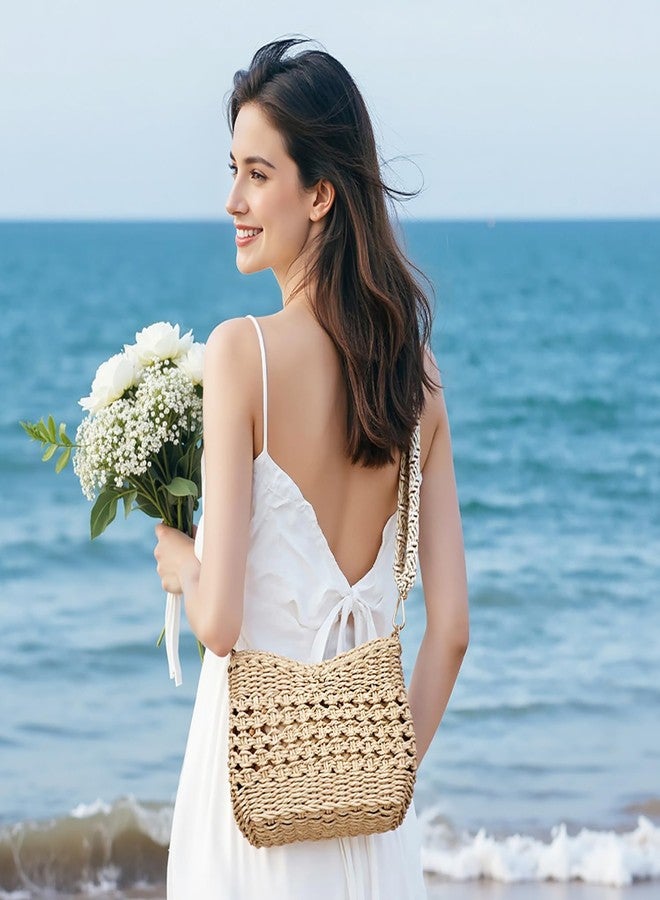 Herald Small Handmade Straw Pocketbook Crossbody Bag for Women, Summer Chic Woven Handbag Shoulder Purse with Chain, Hollow Out Coffee - Image 2