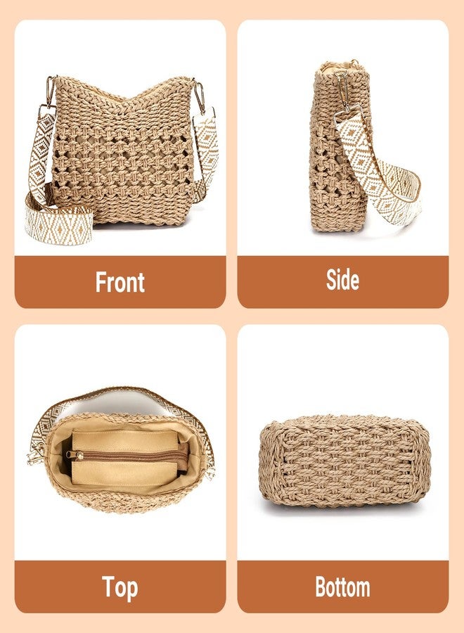Herald Small Handmade Straw Pocketbook Crossbody Bag for Women, Summer Chic Woven Handbag Shoulder Purse with Chain, Hollow Out Coffee - Image 5