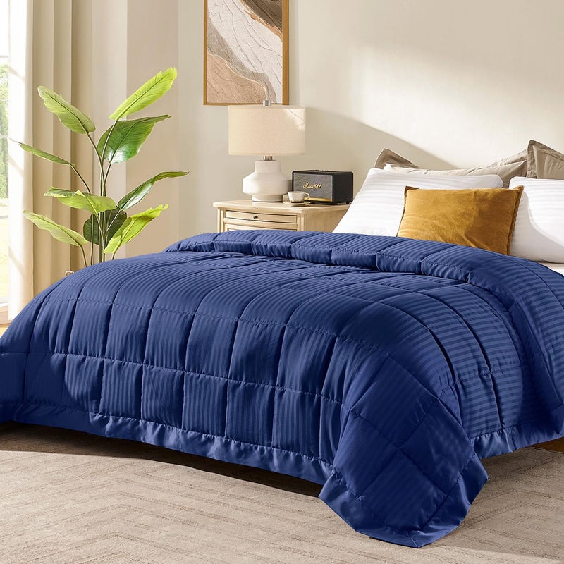 downluxe Queen Size Blanket with Satin Trim Lightweight Down Alternative Blankets Queen Size for All Season Machine Washable Navy 90x90 Inch