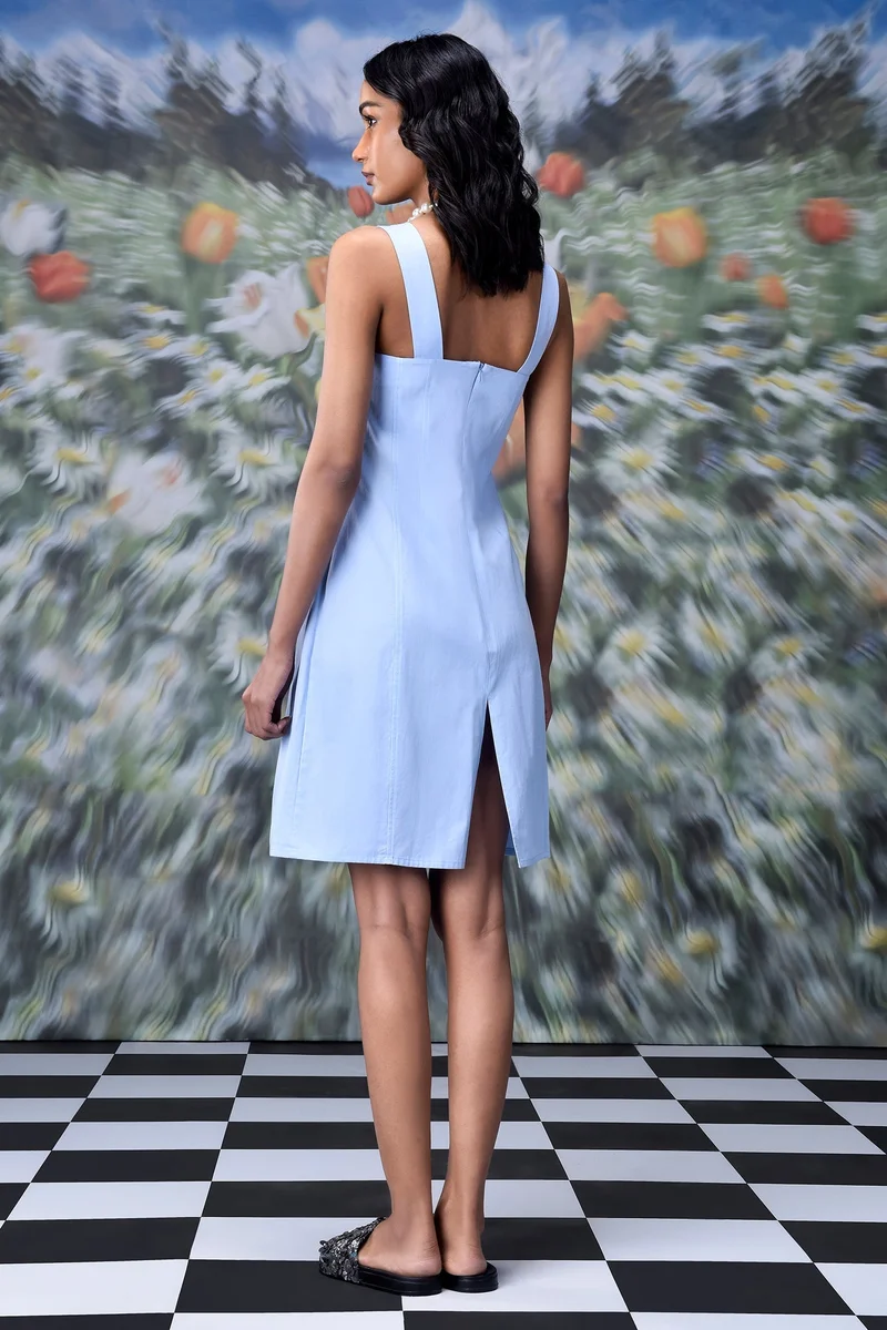 Genes Lecoanet Hemant Cotton Lace up Slim fit Dress- Light Blue