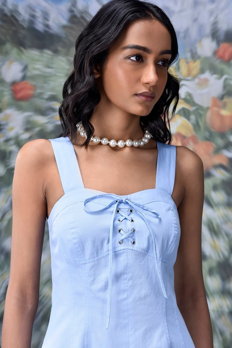 Genes Lecoanet Hemant Cotton Lace up Slim fit Dress- Light Blue