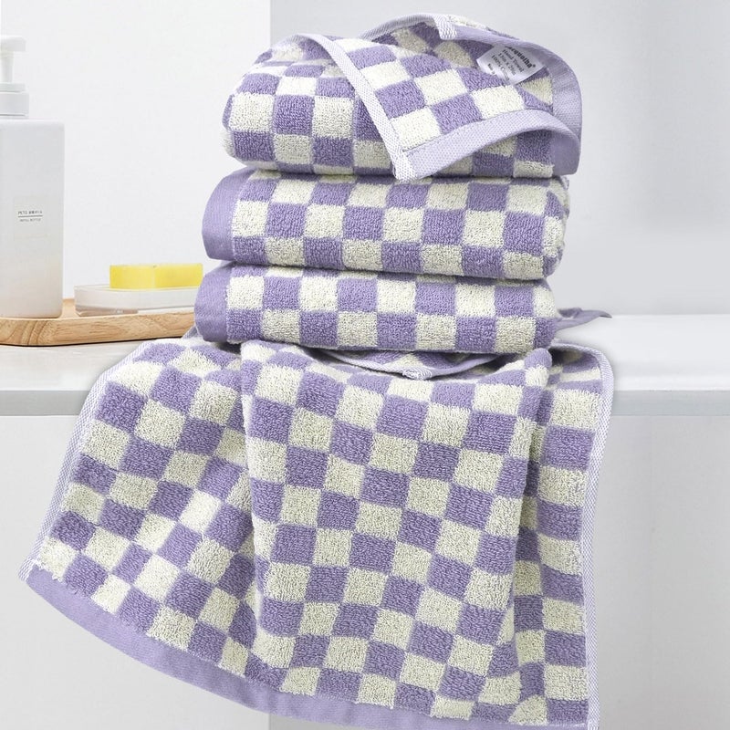 Jacquotha Hand Towel for Bathroom Guest Room Home - 100% Cotton Face Towel Set Lilac Checkered, Extra Soft, Absorbent 4-Piece for Daily Use - Image 4