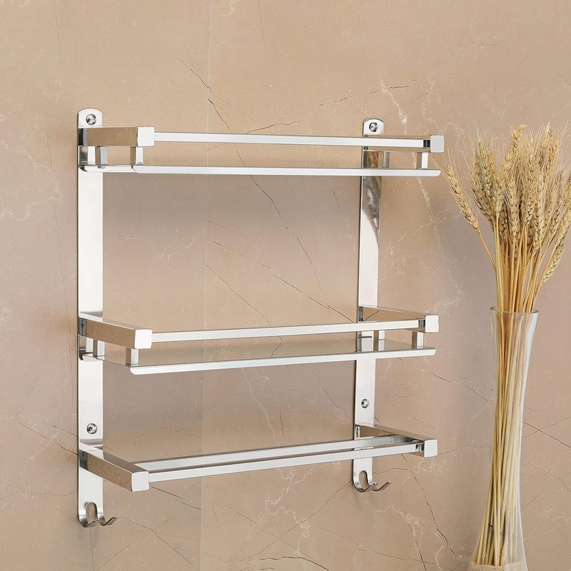 FORTUNE Stainless Steel WallMount Multipurpose 3 Tier Shelf with Towel Holder and Hooks Shelves Bathroom Accessories for Homes Hotels Chrome Finish 16 x 5 Inch 3 Tier Square Shelf - Image 1