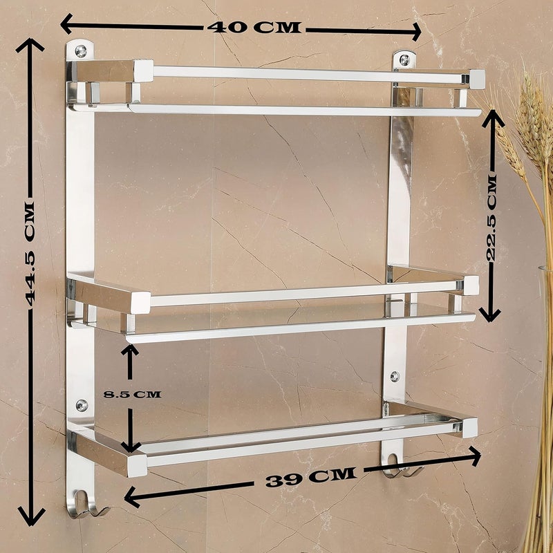 FORTUNE Stainless Steel WallMount Multipurpose 3 Tier Shelf with Towel Holder and Hooks Shelves Bathroom Accessories for Homes Hotels Chrome Finish 16 x 5 Inch 3 Tier Square Shelf - Image 2