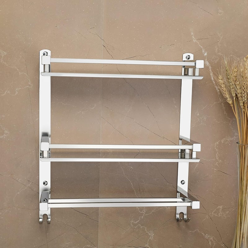 FORTUNE Stainless Steel WallMount Multipurpose 3 Tier Shelf with Towel Holder and Hooks Shelves Bathroom Accessories for Homes Hotels Chrome Finish 16 x 5 Inch 3 Tier Square Shelf - Image 5