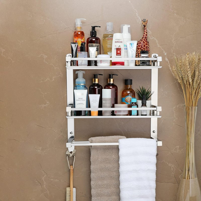 FORTUNE Stainless Steel WallMount Multipurpose 3 Tier Shelf with Towel Holder and Hooks Shelves Bathroom Accessories for Homes Hotels Chrome Finish 16 x 5 Inch 3 Tier Square Shelf - Image 3