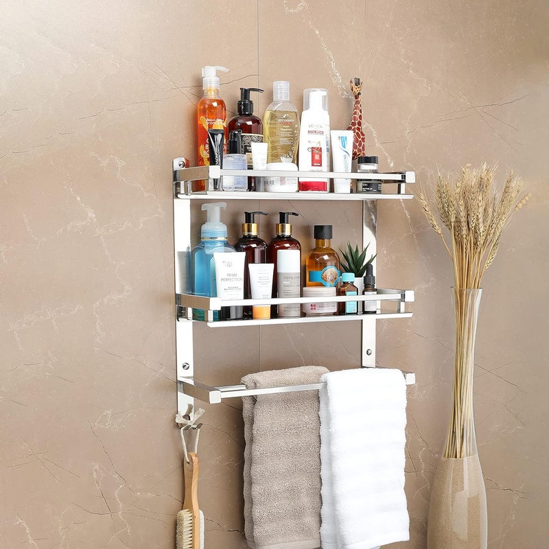 FORTUNE Stainless Steel WallMount Multipurpose 3 Tier Shelf with Towel Holder and Hooks Shelves Bathroom Accessories for Homes Hotels Chrome Finish 16 x 5 Inch 3 Tier Square Shelf - Image 4
