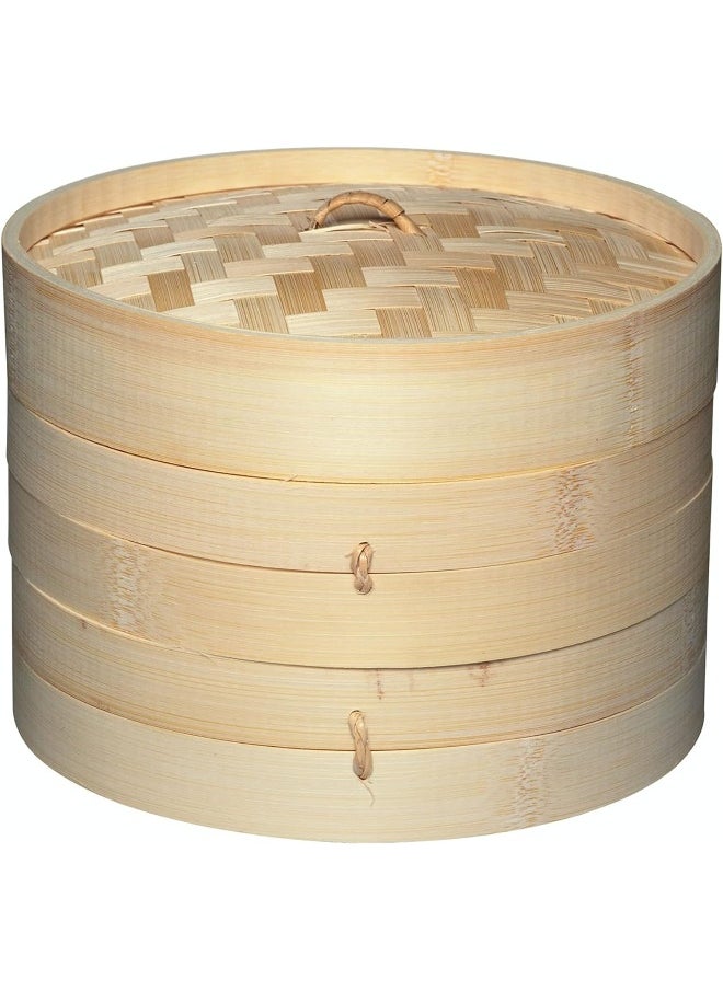 KitchenCraft - Kitchencraft Oriental World Of Flavours Two Tier Bamboo Steamer Basket With Lid 14.5 Cm Diameter X 20 Cm Height Beige - Image 1