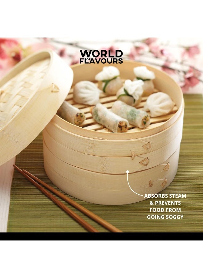 KitchenCraft - Kitchencraft Oriental World Of Flavours Two Tier Bamboo Steamer Basket With Lid 14.5 Cm Diameter X 20 Cm Height Beige - Image 1
