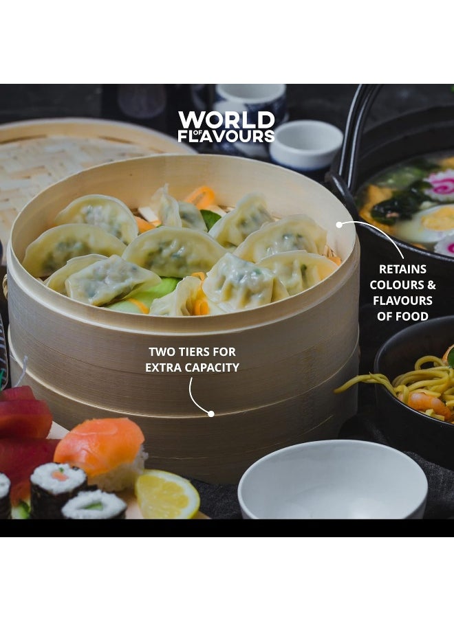 KitchenCraft - Kitchencraft Oriental World Of Flavours Two Tier Bamboo Steamer Basket With Lid 14.5 Cm Diameter X 20 Cm Height Beige - Image 1