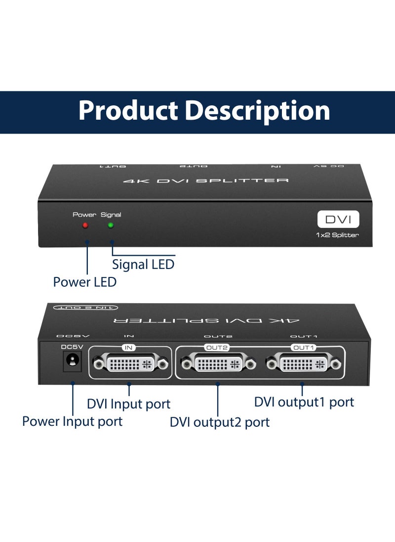 DONGJIAN DVI Splitter 1 in 2 Out 2 Port DVI Dual Monitors Distribution Duplicator Video Splitter Support EDID Management Resolution up to 4K30Hz for PC Laptop DVR Projector HDTV  - Image 3