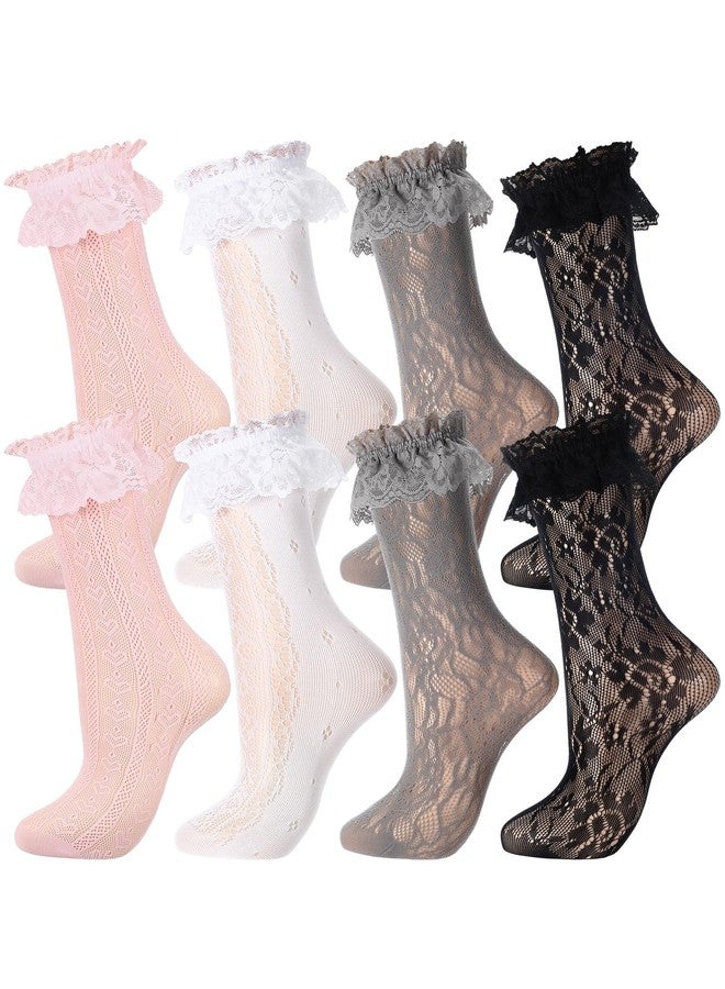 جيوجا جوارب جيوجا النسائية ذات 4 أزواج من الدانتيل، جوارب شبكية مكشكشة ومزينة بالكشكشة، جوارب شبكية فضفاضة تصل إلى الكاحل (أسود، أبيض، رمادي، وردي، مقاسات 5-9) - Image 1