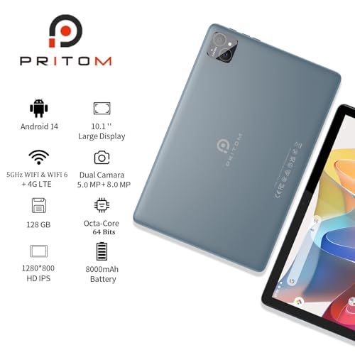 PRITOM TAB12 10 Inch Phone Tablet Android 14, 5Ghz WiFi, Octa-Core, with Leather Case, 128GB, 4G Network Tablet with SIM Card Slot, 8000mAh, BT, Double Box Speakers, Gray - Image 2