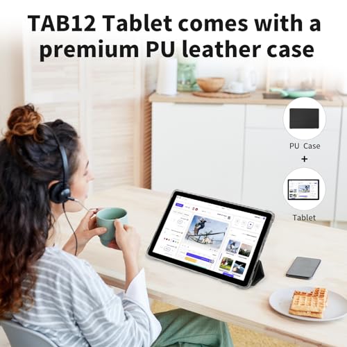 PRITOM TAB12 10 Inch Phone Tablet Android 14, 5Ghz WiFi, Octa-Core, with Leather Case, 128GB, 4G Network Tablet with SIM Card Slot, 8000mAh, BT, Double Box Speakers, Gray - Image 5