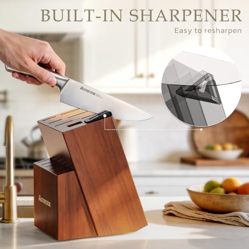 Astercook Knife Set, Kitchen Knives Set with Block and Sharpener Full Tang 15 Pcs Premium Stainless Steel Knives, Dishwasher Safe Knife Set with Anti-slip Ergonomic Handle, Walnut - Image 5