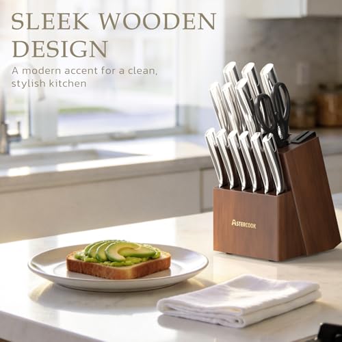 Astercook Knife Set, Kitchen Knives Set with Block and Sharpener Full Tang 15 Pcs Premium Stainless Steel Knives, Dishwasher Safe Knife Set with Anti-slip Ergonomic Handle, Walnut - Image 3