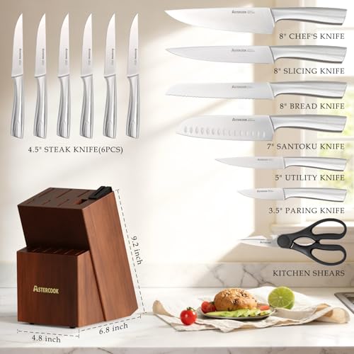 Astercook Knife Set, Kitchen Knives Set with Block and Sharpener Full Tang 15 Pcs Premium Stainless Steel Knives, Dishwasher Safe Knife Set with Anti-slip Ergonomic Handle, Walnut - Image 2