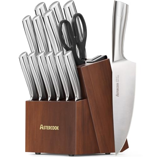 Astercook Knife Set, Kitchen Knives Set with Block and Sharpener Full Tang 15 Pcs Premium Stainless Steel Knives, Dishwasher Safe Knife Set with Anti-slip Ergonomic Handle, Walnut - Image 1