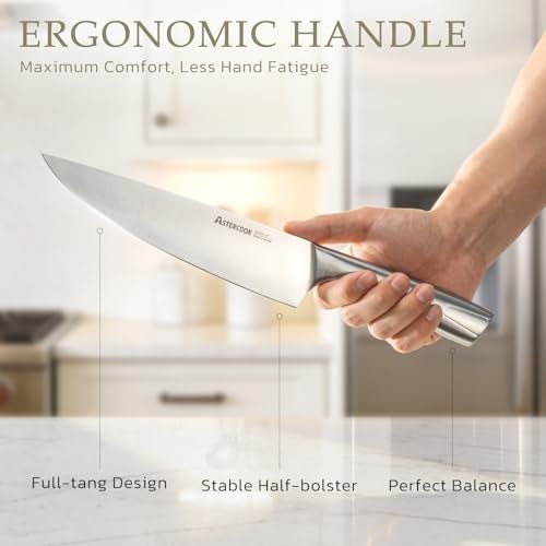Astercook Knife Set, Kitchen Knives Set with Block and Sharpener Full Tang 15 Pcs Premium Stainless Steel Knives, Dishwasher Safe Knife Set with Anti-slip Ergonomic Handle, Walnut - Image 4
