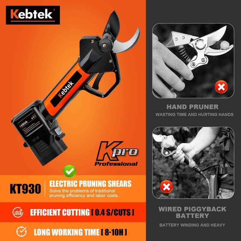 Kebtek Electric Pruning Shear, Kebtek Cordless Electric Pruner Heavy Duty Electric Branch Cutter Brushless Motor with 2PCS 2500mAh 8-10H Working Time, 30mm (1.18 Inch) Cutting Diameter (KT930) Smooth-CUT - Image 5
