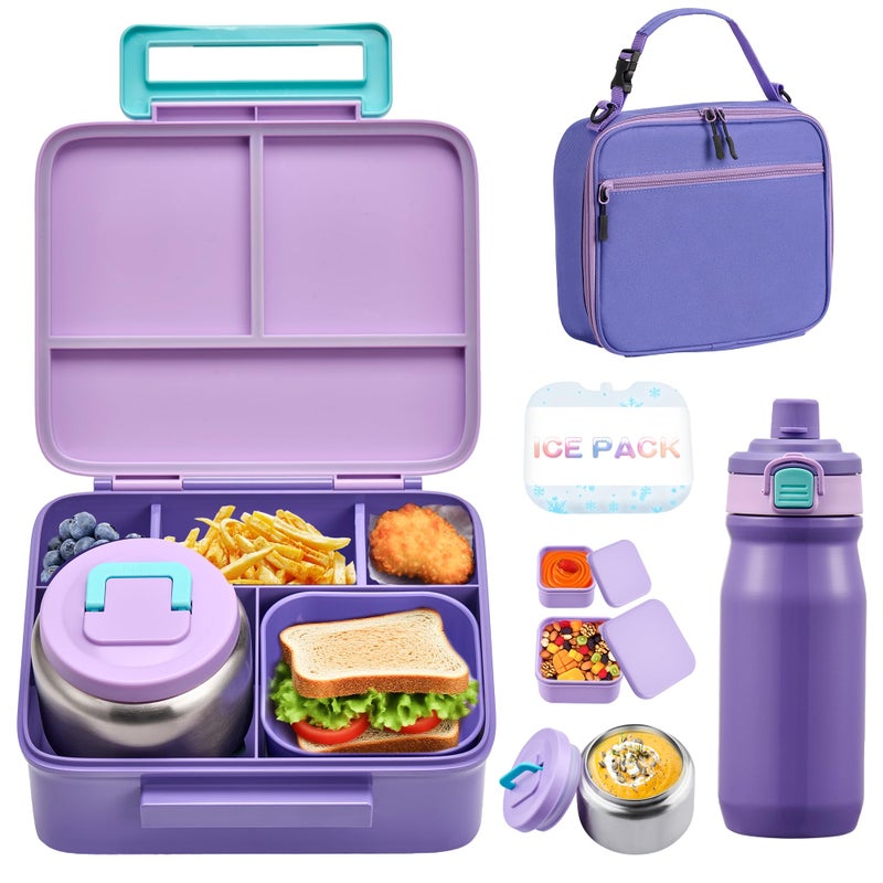 MAISON HUIS Bento Box for Kids with 8oz Soup Thermo Leakproof Lunch Food Containers with 5 Compartment Insulated Lunch Bag  17oz Stainless Steel Water Bottle for School Trvael