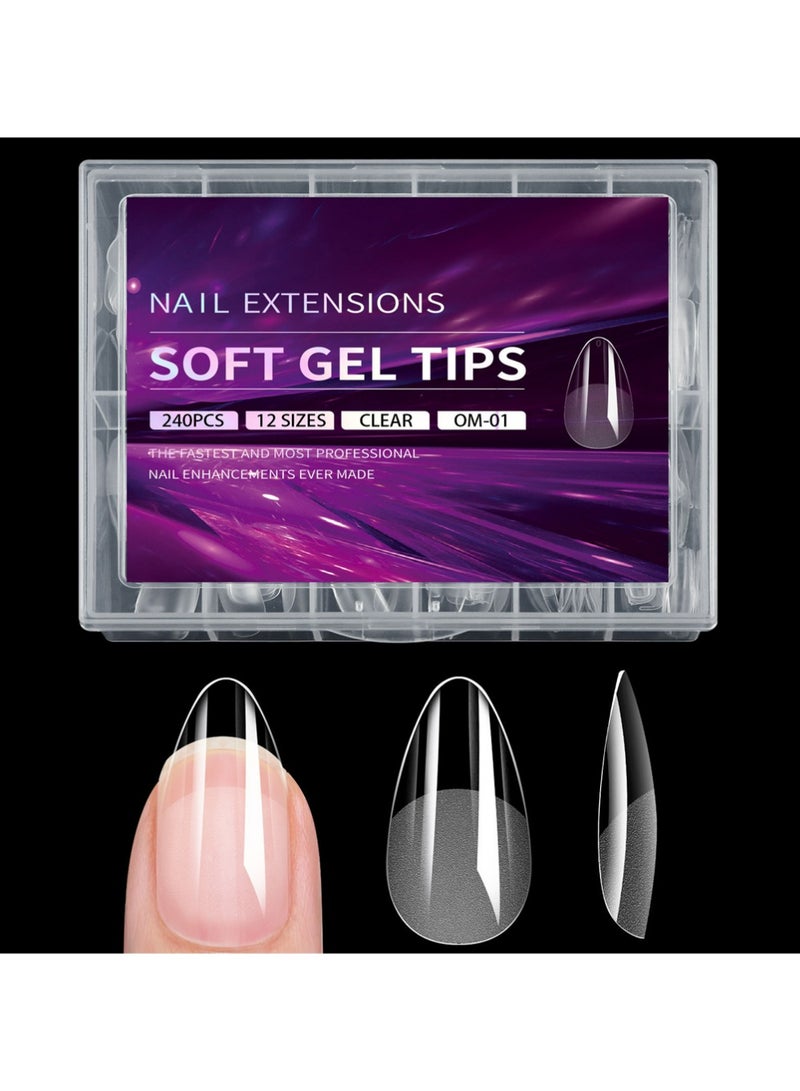 Short & Medium Almond Nail Tips: 2 Lengths in 1 Box, Clear Full Cover Fake Nails with 15 Sizes, Pre-Etched Soft Gel Nail Tips for DIY Press On Nails, Salon Nail Extensions DIY at Home 240Pcs - Image 1