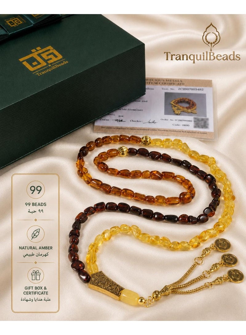 TranquilBeads Natural Baltic Amber Tasbih 99 Beads | Genuine Certified Amber Prayer Beads | Individually Certified, Scan to Verify | Muslim Tasbih with Elegant Gift Box | Premium Islamic Gift for Men, Ramadan, Eid - Image 1