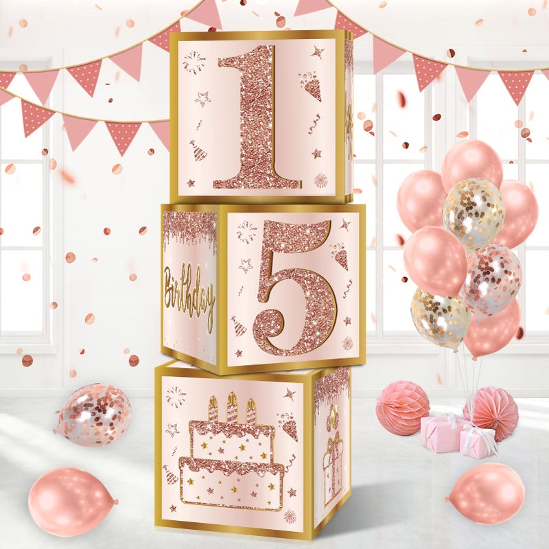 Guiruiy 3Pcs 15th Birthday Decorations Boxes for Girls Pink Rose Gold Sweet 15th Birthday Balloons Boxes Party Supplies Pink Fifteen Year Old Birthday Theme Cardboard Box Decor - Image 2