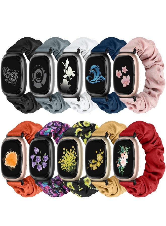 Acortjl 10 PCS Compatible with Fitbit Versa 4/Sense 2/Versa 3/Sense Scrunchie Band, Soft Cute Pattern Printed Fabric Elastic Solo Loop Cloth Scrunchy Replacement Wristband for Women - Image 1