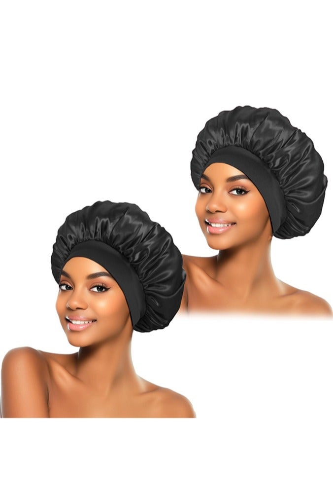 بوفان قطعتان من غطاء الحرير للنوم، غطاء شعر لامع، غطاء نوم من الحرير المرن، غلاف شعر للنساء (أسود) - Image 1
