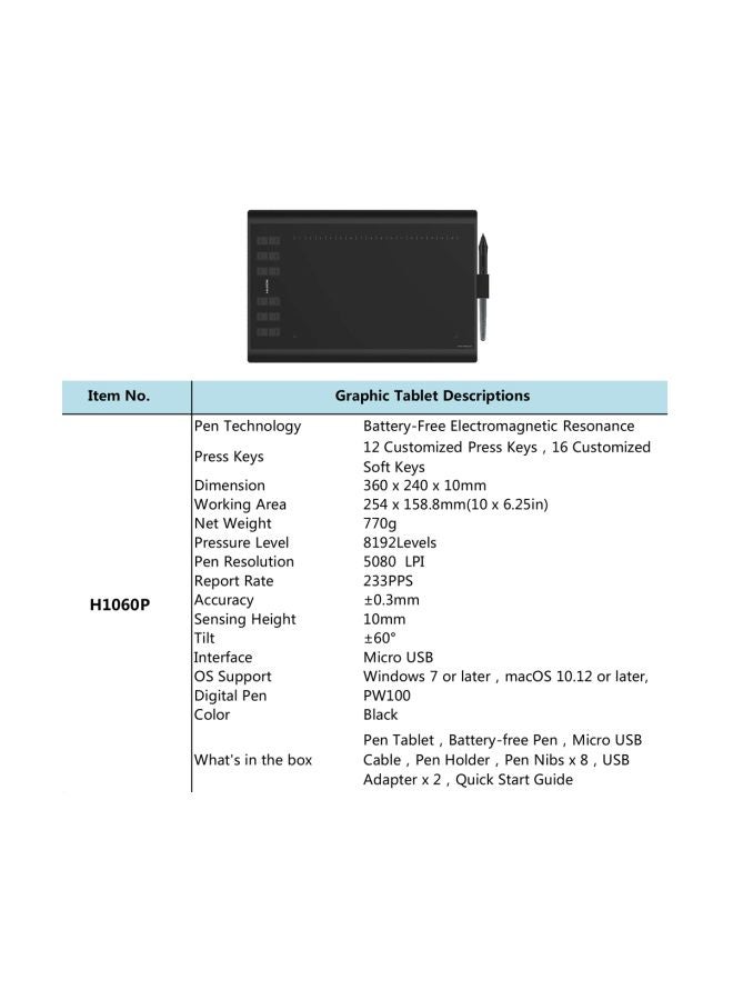 HUION Inspiroy H1060P Graphics Drawing Tablet with 8192 Pressure Sensitivity Battery-Free Stylus and 12 Customized Hot Keys, 10 x 6.25 inches Digital Art Tablet for Mac, Windows PC and Android Black - Image 5