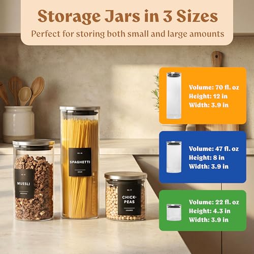 EDELHAUS Glass Storage Containers with Stainless Steel Lids [Extra Thick Glas] with 54 Labels - Canister For Pantry Noodles Flour Cereal Rice Sugar Tea Coffee Beans - Round Set of 5x - Image 2