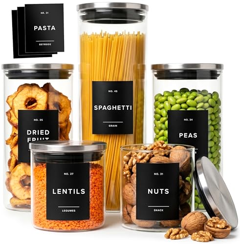 EDELHAUS Glass Storage Containers with Stainless Steel Lids [Extra Thick Glas] with 54 Labels - Canister For Pantry Noodles Flour Cereal Rice Sugar Tea Coffee Beans - Round Set of 5x - Image 1