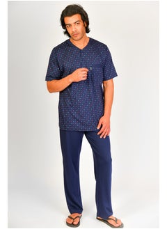 Jet Jet Men Summer Pajama Set Printed Top & Plain Bottom - Navy  Blue  - Image 1
