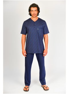 Jet Jet Men Summer Pajama Set Printed Top & Plain Bottom - Navy  Blue  - Image 2